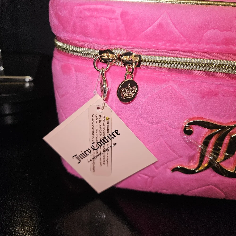 Juicy Couture Pink/Gold Logo Velour Makeup Bag Includes 1 Toiletry Bott…
